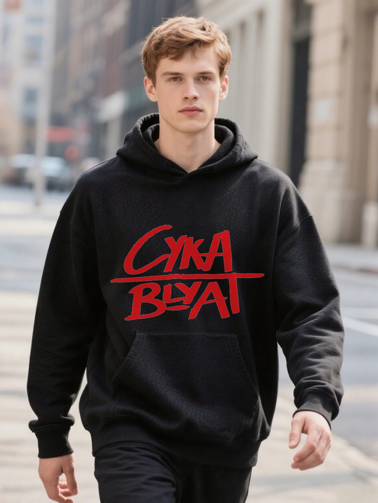 Men S Casual Crew Hoodie With Red Handwritten Style Cyka Blyat Print Soft Stretch Fabric Perfect For