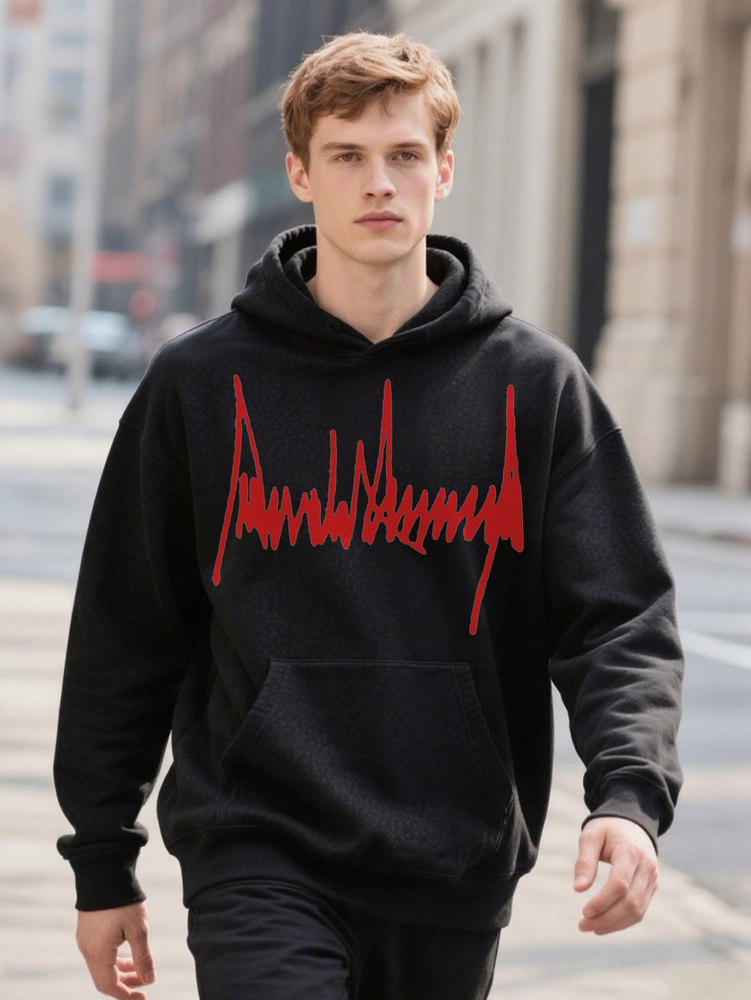 Men S Crew Hoodie With Unique Red Heartbeat Graphic Print Soft Black Hine Washable Essential