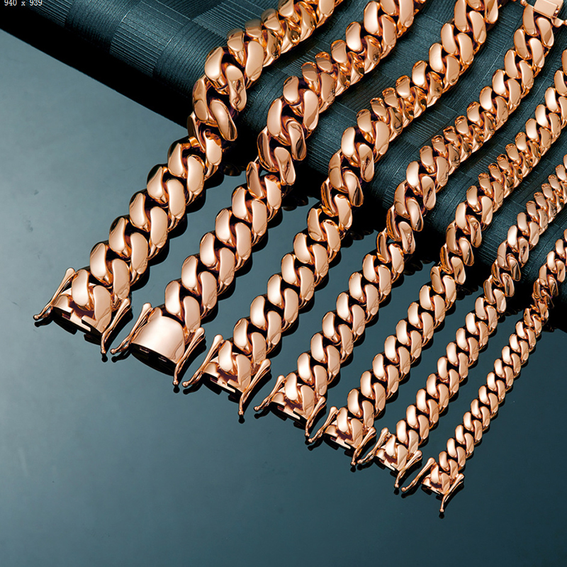 Hip Hop 10mm-22mm Stainless Steel Miami Cuban Chain Necklace Bracelet Rose Gold Plated