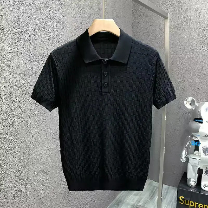 Summer Mens Polo Shirts Highend Ice Silk Thin Plaid Knitted Tees Shirt Short Sleeve Slim Fit Trendy Casual For Male 250808