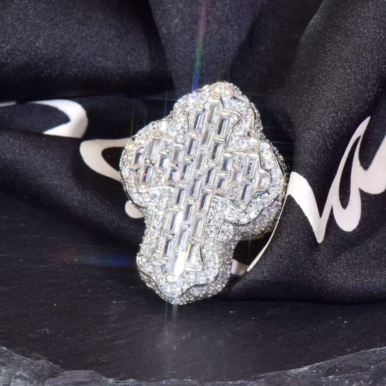 Men's Hip-Hop Style Gold Ring with Ice Set Baguette-Cut Moissanites - Pass Dia Tester Design