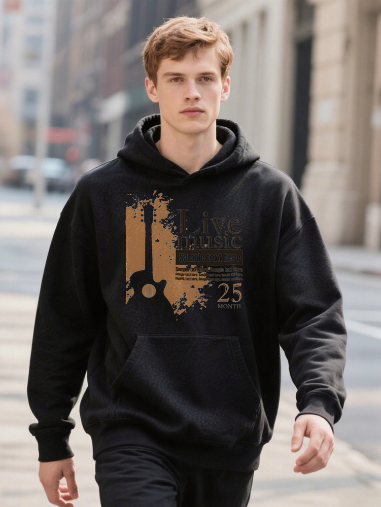 Men S Casual Guitar Hoodie Graphic Live Splash Ink Design Black Crew ee with Brown Print Perfect Gift