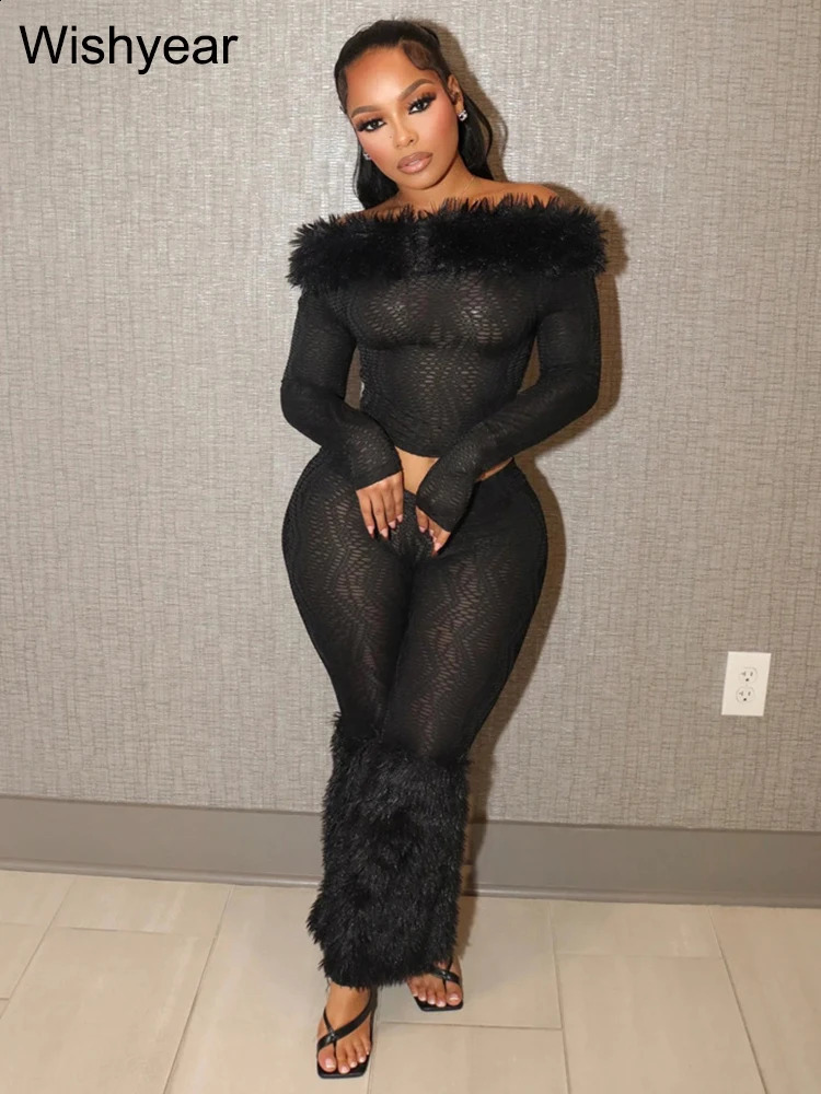 Long Sleeve Fur Slash Neck Off Shoulder Crop Tops and Skinny Pants Womens Black Two 2 Piece Set Sexy Birthday Party Outfits 250815