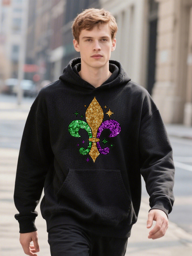 Crew Hoodie with Festive Fleur de Lis Print Black Washable Ideal Gift for Casual Men s Wear