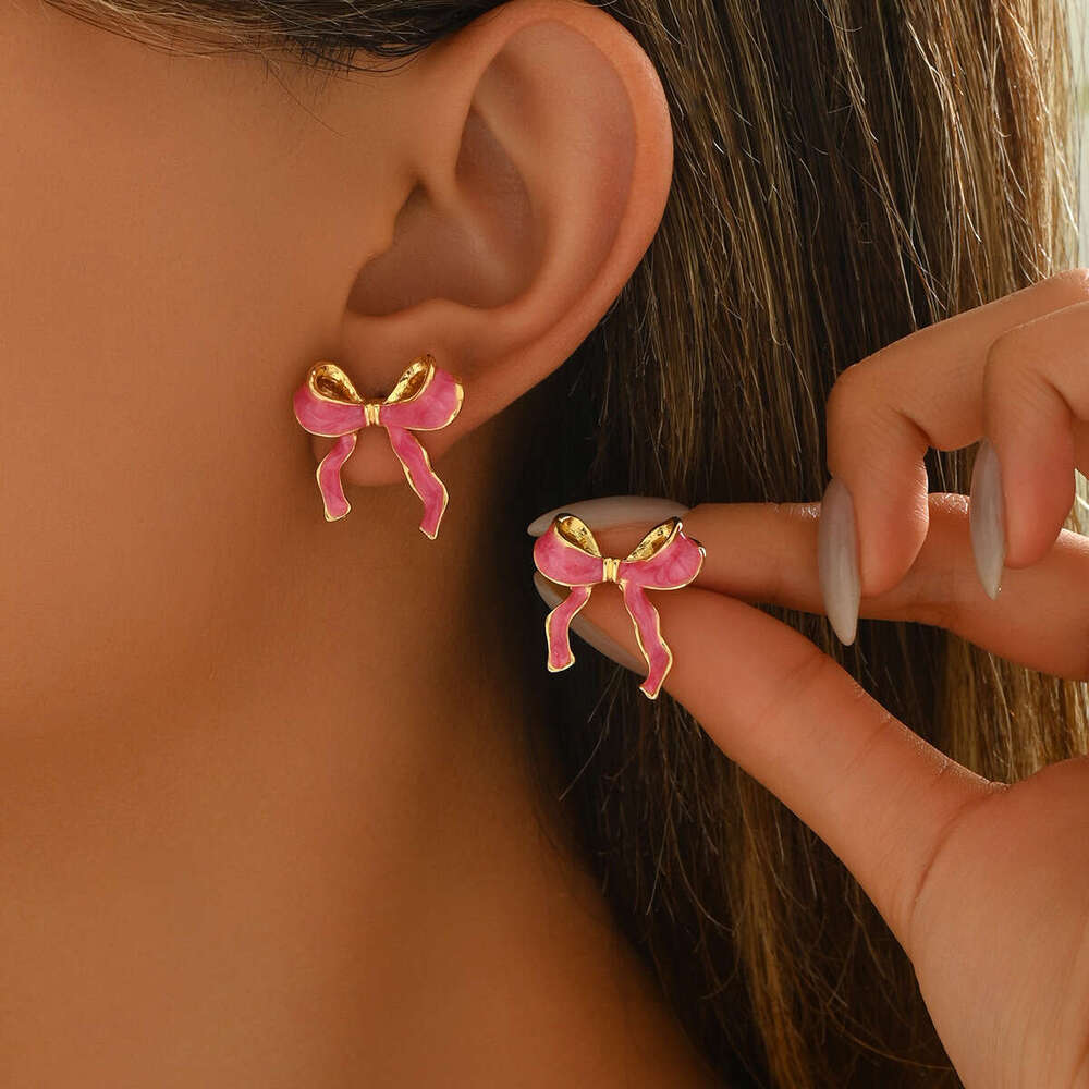 INS Women's Jewelry Bowknot Oil Drop Design Versatile High-end Stud Earrings for Women