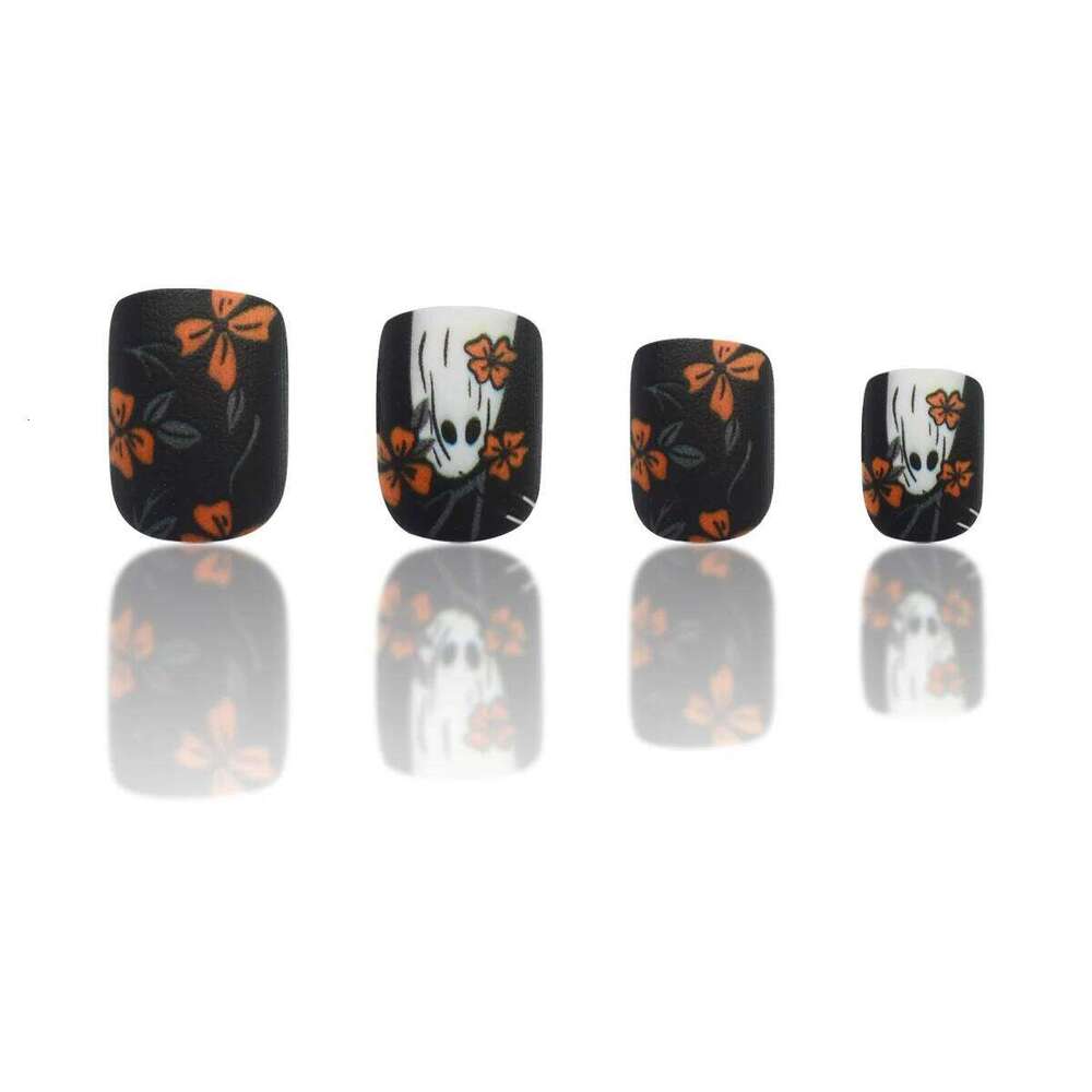 24pcs Short Square Matte Press On Set,Floral & Ghostly Holiday Elements - Halloween Dark Forest Themed Fake Nails Kit X250816