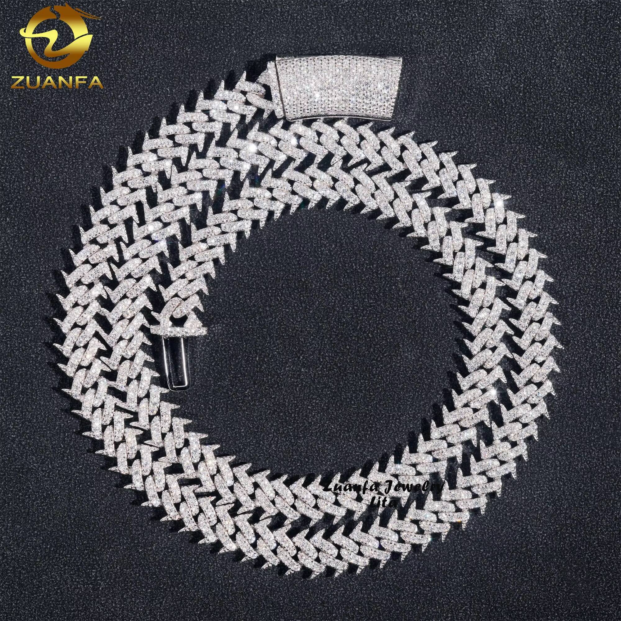 Hip Hop Jewelry Necklace Thorns Spike Design 16mm Silver Moissanite Diamond Cuban Link Chain