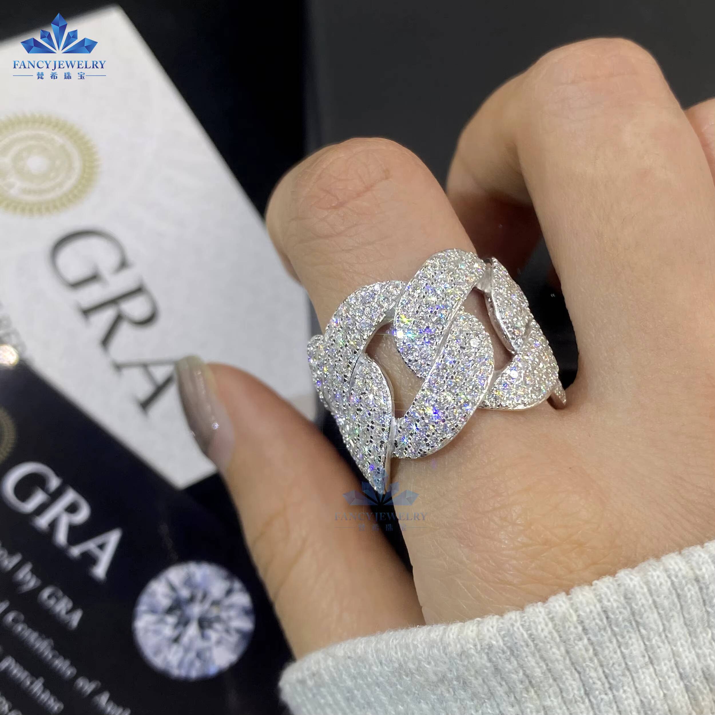 925 Sterling Silver Mens Ring with 3 Row Cuban Link VVS Moissanite Gold Plating Hip Hop Bling Style for Wedding Parties