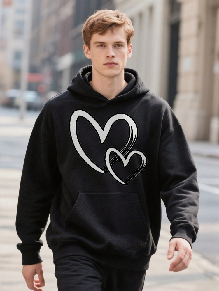 Men s Crew Hoodie Stylish Intertwined Hearts Print Soft Black with Heart Design