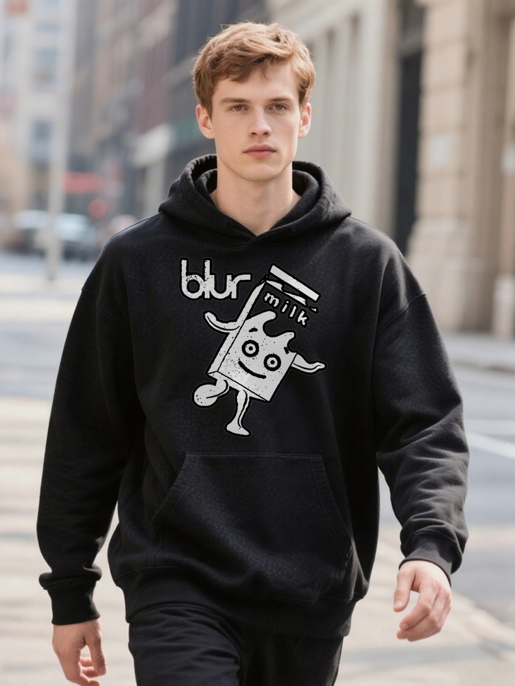 Men S Casual Graphic Hoodie Black Crew With Milk Carton Design Essential Hine Washable Everyday