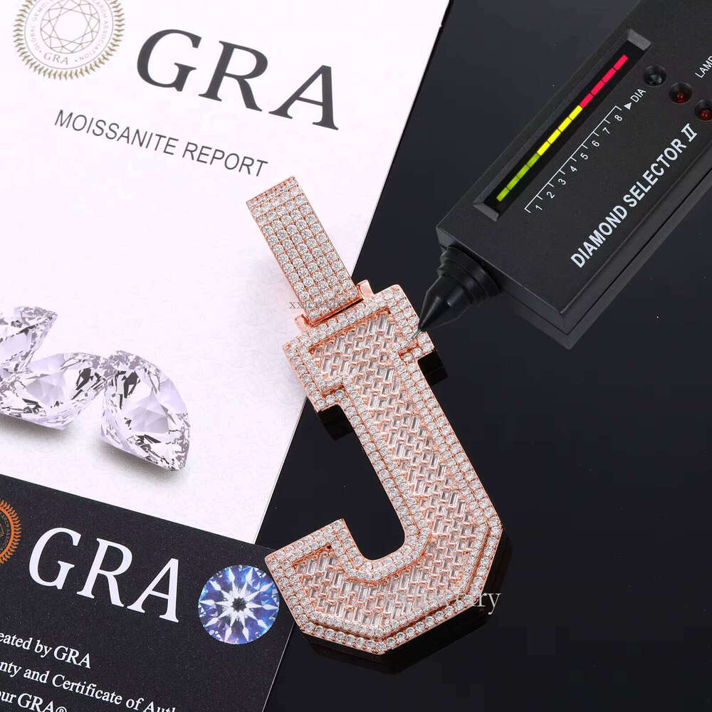 Moissanite Letter J Pendant Rose Gold Sterling Sier VVS Baguette Initial Hip Hop Jewelry