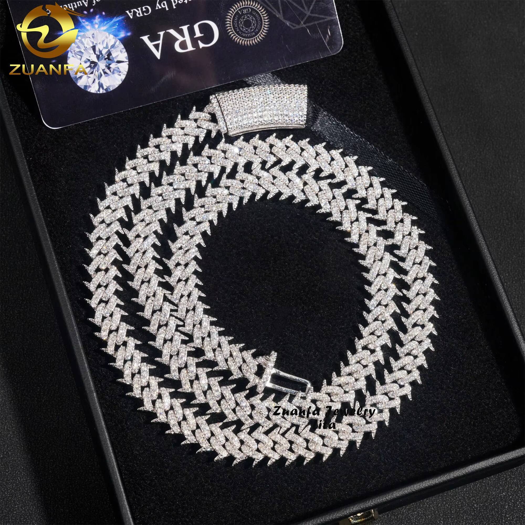 Hip Hop Jewelry Necklace Thorns Spike Design 16mm Silver Moissanite Diamond Cuban Link Chain