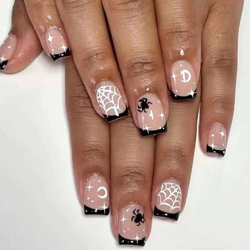 24pcs Red French Fake Nail Halloween Mid-length Square Set Press on Spider Rhinestone Design False Nails Reusable Manicure X250816