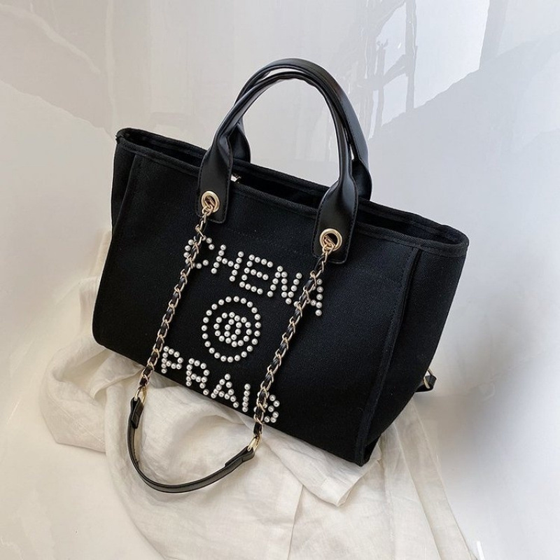 2025 New Women's Bag Beach Bag Large Capacity Pearl Embroidered Canvas Handheld Women's Bag Classic Chain Shopping Bag free shipping