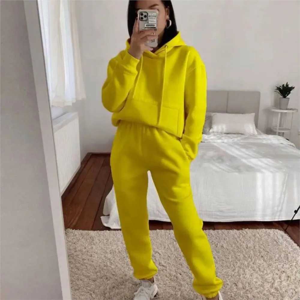 Womens Pocket Long-sleeve Hooded Sweatshirt Casual Set Autumn Winter New Solid Color Loose Sport Long Pants 2 Piece Set Fe XJ250816