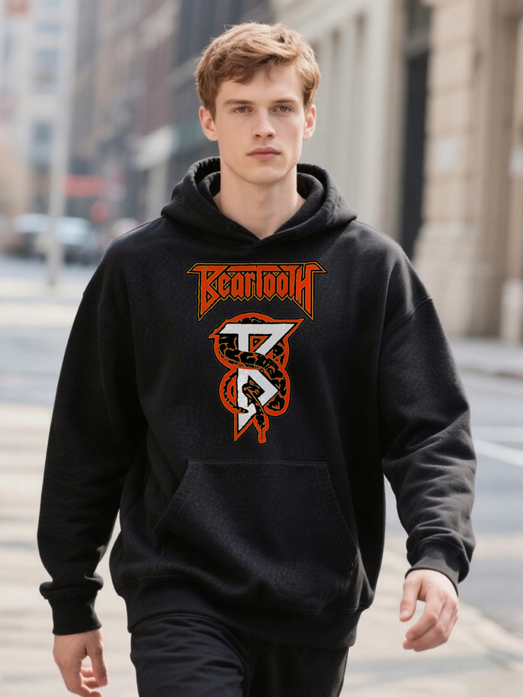 Men s Casual Crew with Bold Graphic Black Orange Design Hoodie hine Washable