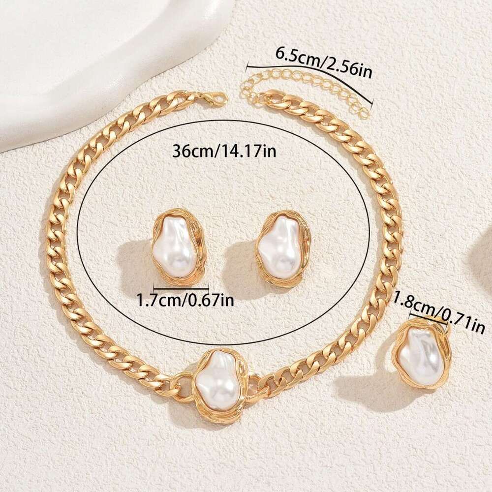 Women's Necklace Set Geometric Inlaid Irregular Pearl Design Bracelet Versatile Earrings Jewelry for Women