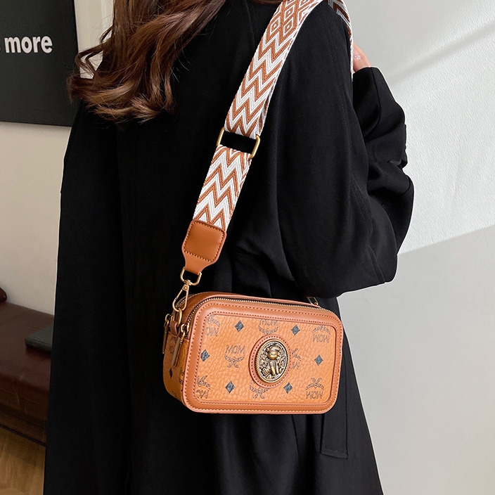 New Color Blocking Women's Printed Small Square Bag Mini Handbag Free Shipping Designer Fashion Wide Shoulder Strap Camera Bag Lightweight Should