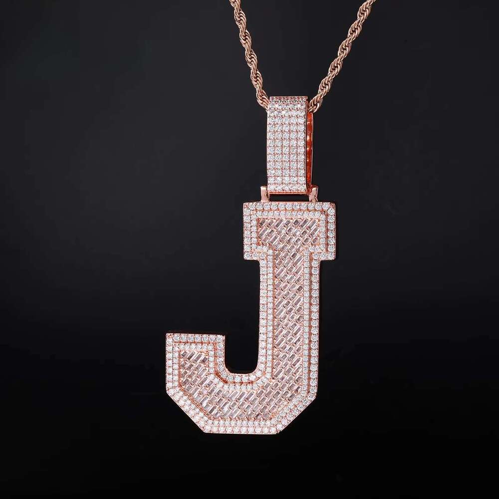 Moissanite Letter J Pendant Rose Gold Sterling Sier VVS Baguette Initial Hip Hop Jewelry