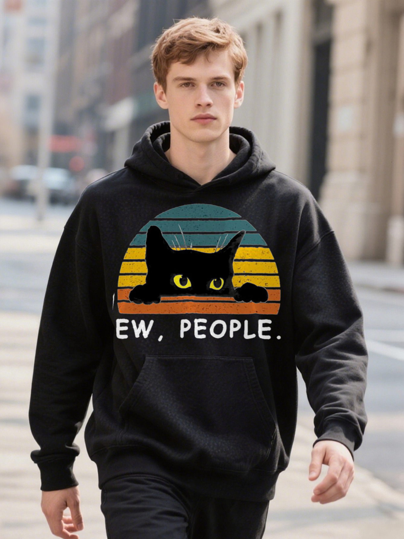 Fashion Forward Mens Black Hoodie Cat Print Stylish Hip Hop Crew Ee For Vacations Unique Gifts