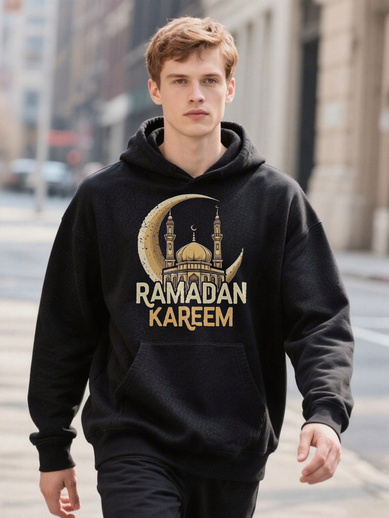 S Casual Crew With Ramadan Kareem Print Black Hine Hoodie Washable Ideal Gift For Men