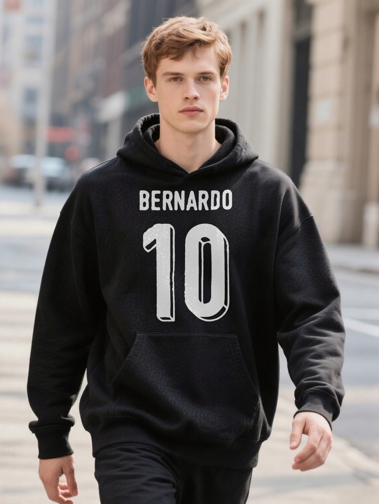 Men S Casual Crew Hoodie With BERNARDO Print Black, Regular Fit Blend