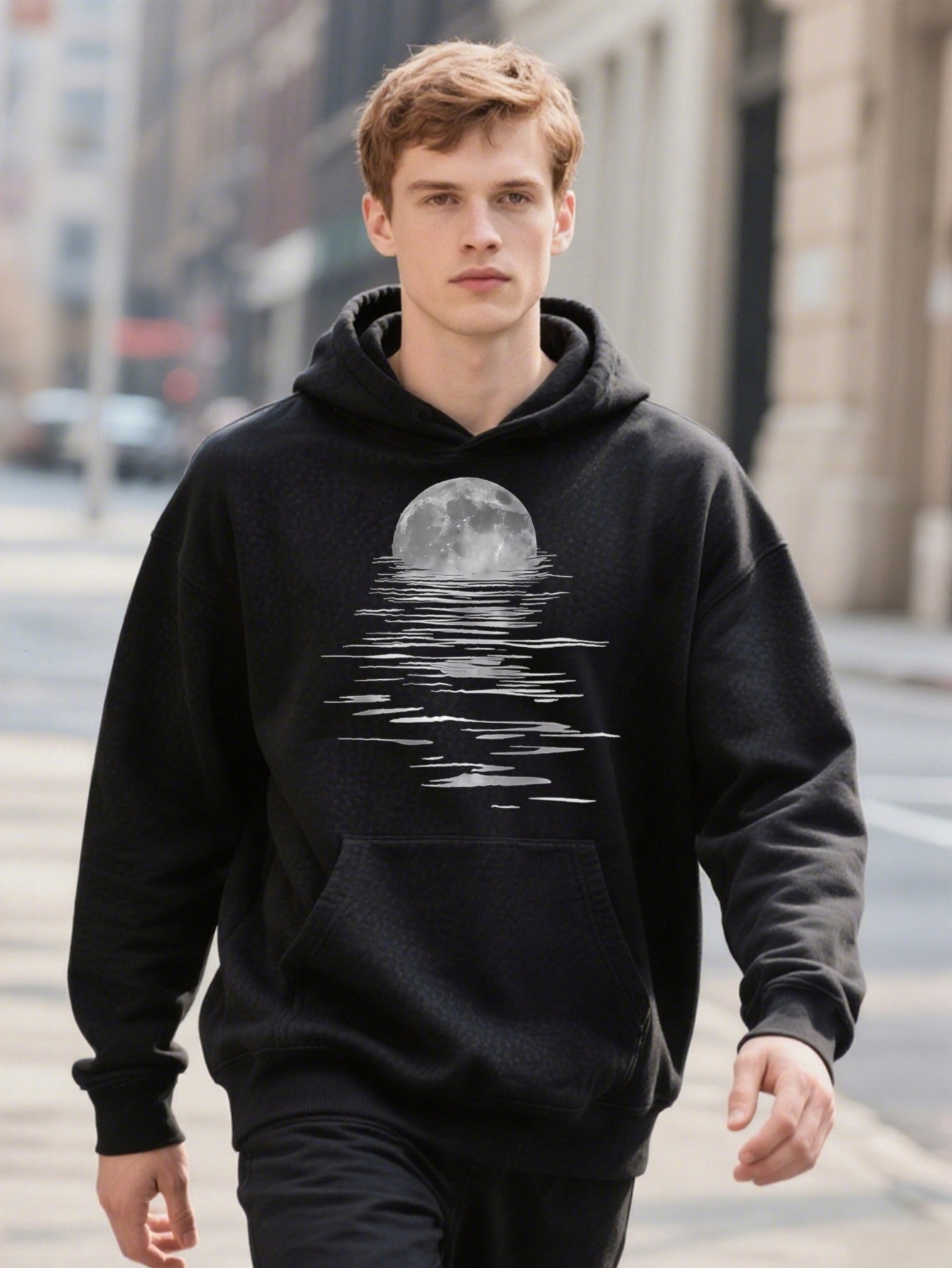 Hoodie Stylish Moon Creative Print Men's Crew Casual Versatile For Spring And