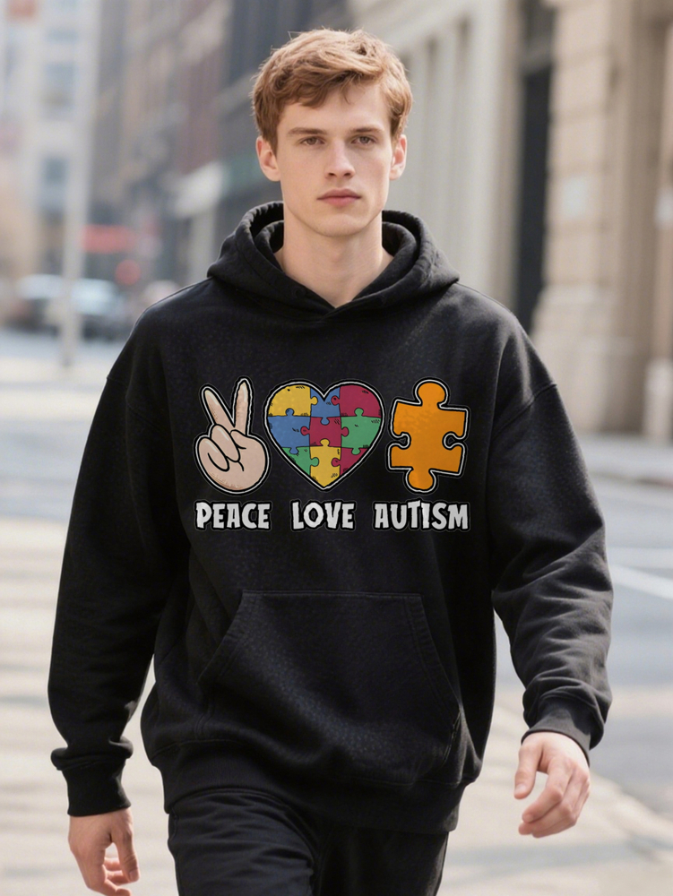 Men S Casual Crew With Humbs Up Heart Autism Puzzle Print Hoodie Colorful Peace Love Design Perfect Gift For