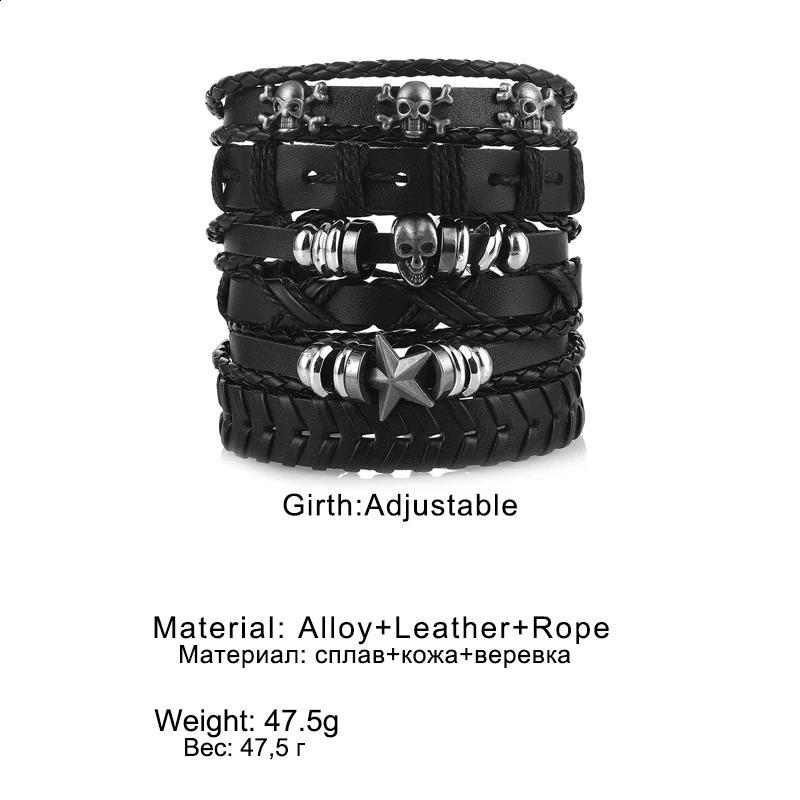 Fashion 6Pcs Set Gothic Punk Skull Star Metal Multilayer Leather Bracelet Men Bracelets Bangles Male Arm Jewelry Accessor designer bracelet women luxu - view 7