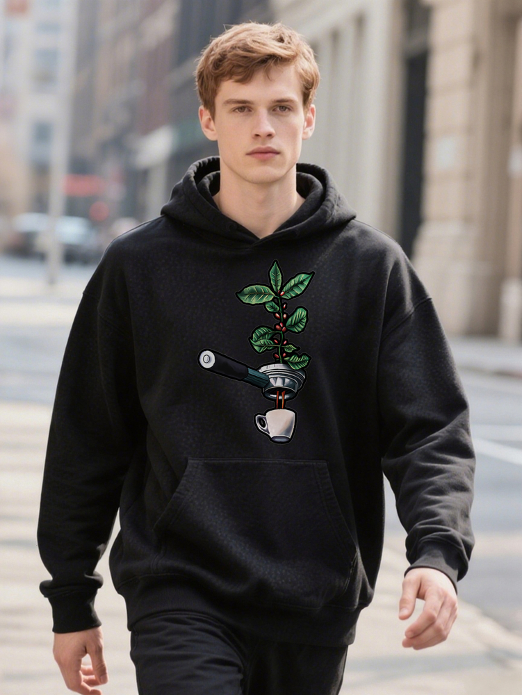 Men S Casual Versatile with ree and Coffee Maker Print Black Hoodie Ideal Gift for