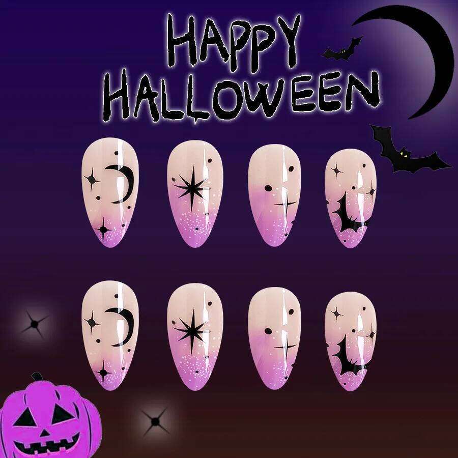 24Pcs/set Al Halloween Press on Black Bat Fake Nail Moon and Stars Pattern Removable Wearable Nails for Women&Girl X250816