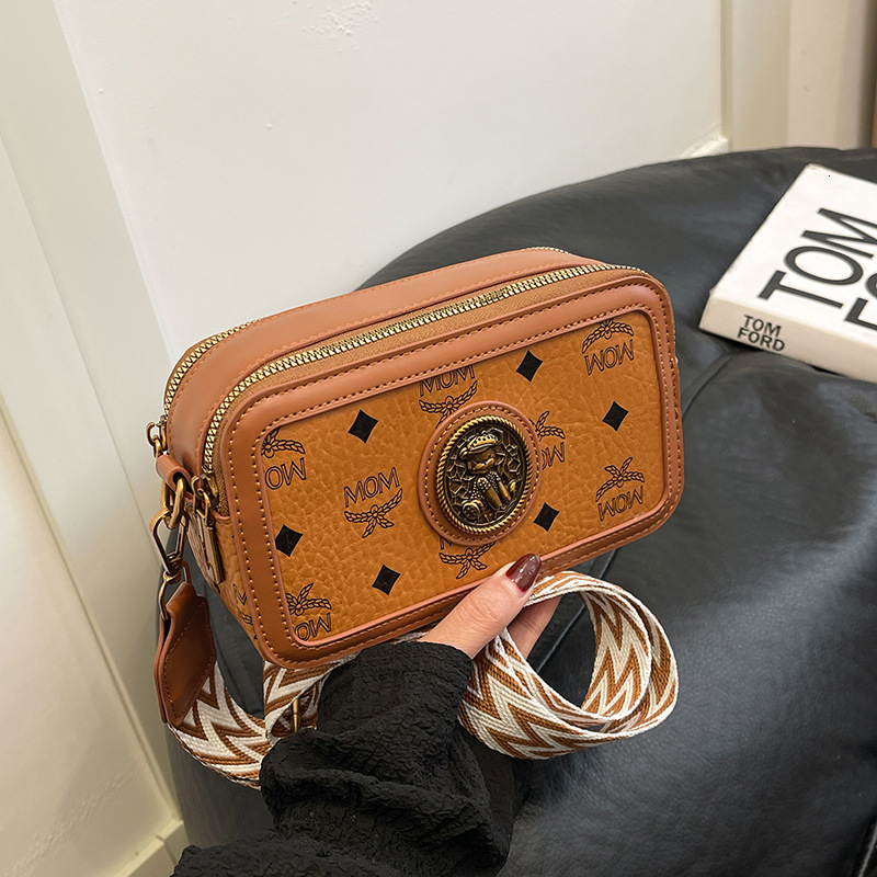 New Color Blocking Women's Printed Small Square Bag Mini Handbag Free Shipping Designer Fashion Wide Shoulder Strap Camera Bag Lightweight Should