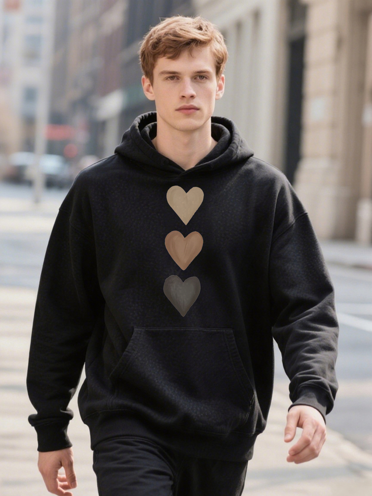 Men s Casual with three one Beige to Dark Hoodie Brown Ombre Heart Print Black on