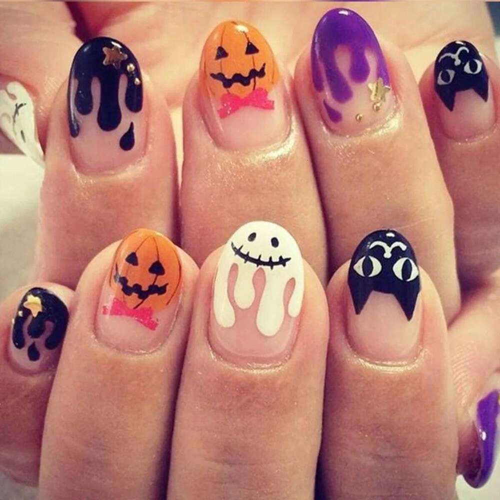 24Pcs Halloween False Ghosts Bats Fake Short Square Press on Nails Full Cover Nail Tips Manicure Tools X250816