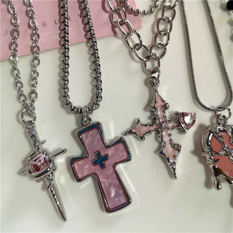 Gothic Y2K Pink Cross Heart Pendant Chain Choker Necklace for Women Egirl Hip Hop Punk Charms Aesthetic Jewelry EMO Accessories W250816