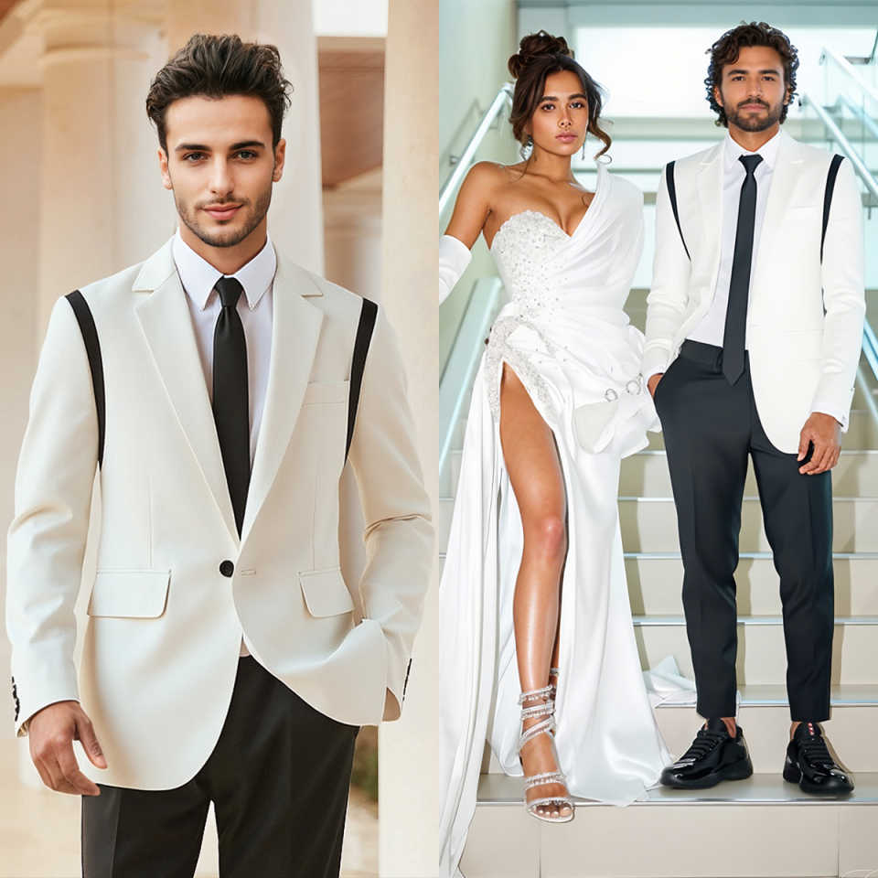 Black And White Stitching Men's Suits Single Breasted 1pcs Slim Fit Blazer Business Coats Wedding Party Groom Tuxedo
