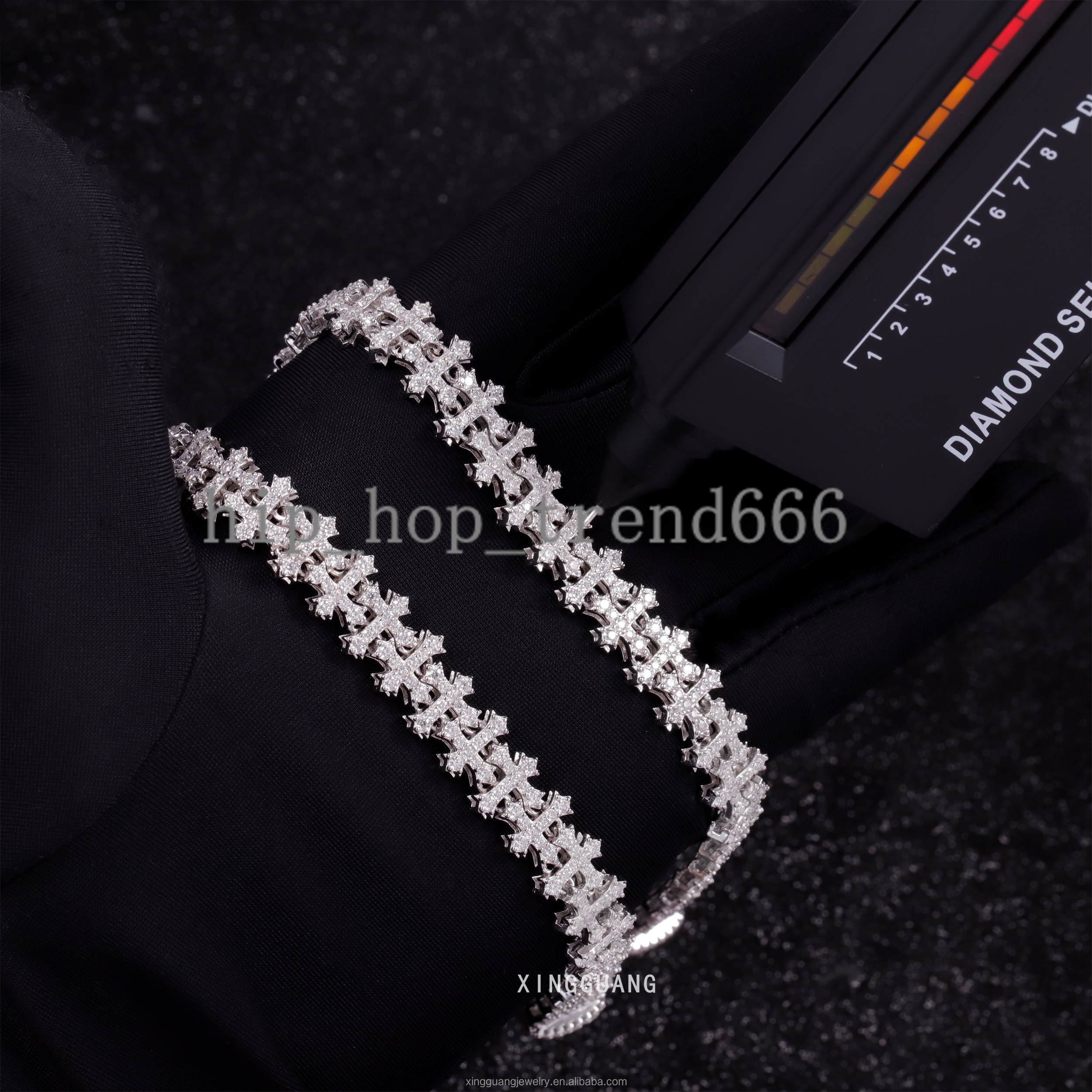 Fashion Best Selling Prong Setting 18k White Gold Plated Iced Out Jewelry Moissanite Diamond Hip Hop Cross Cuban Link Bracelet