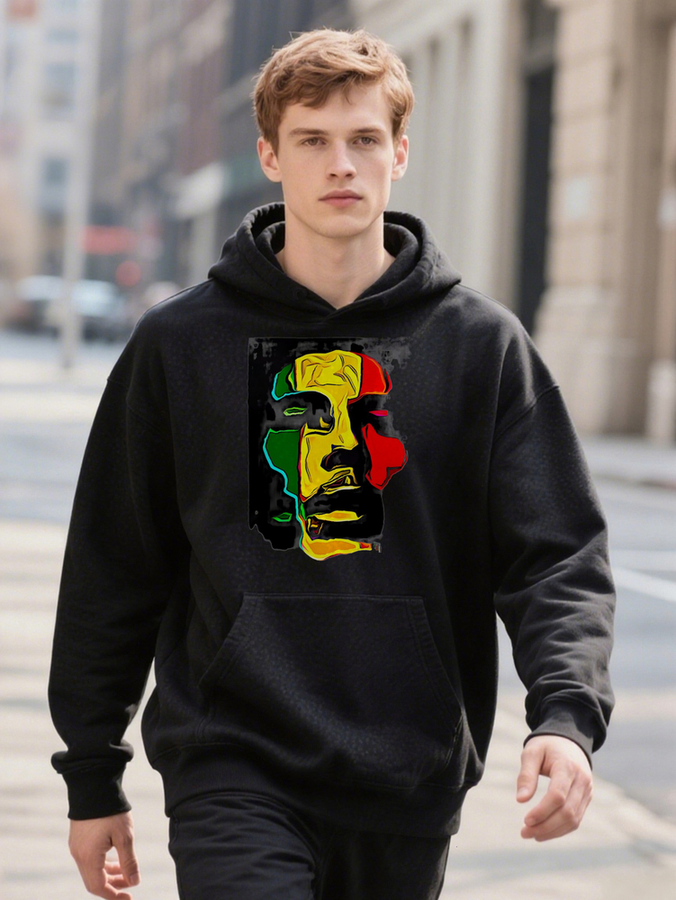 Men Hoodie S Casual Crew with Vibrant Abstract Face Print Black Soft Fabric Perfect for Everyday