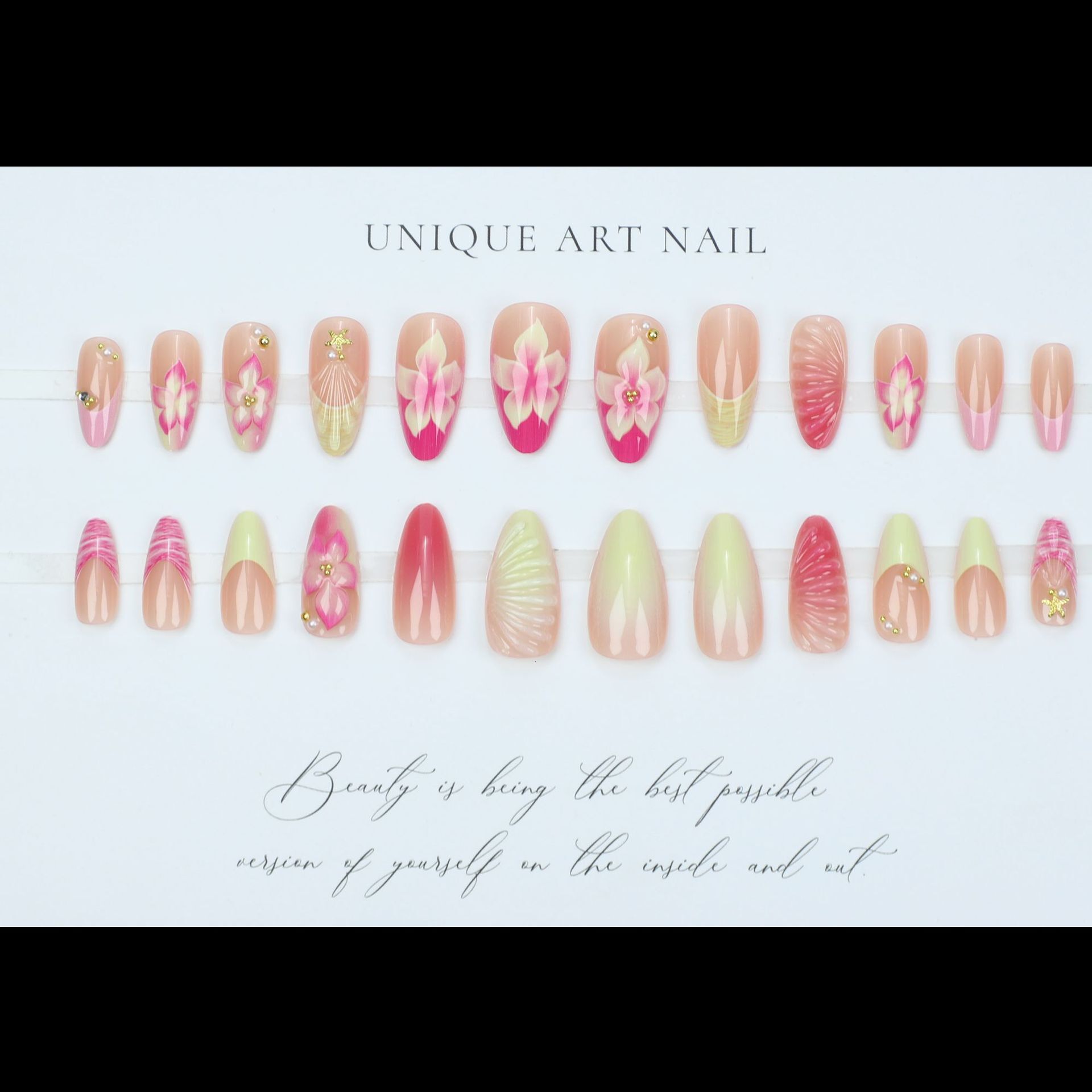 Fashionable Sweet Pink and Yellow French Flower 3D Resin Nail Tips Fake Nails Finished Product