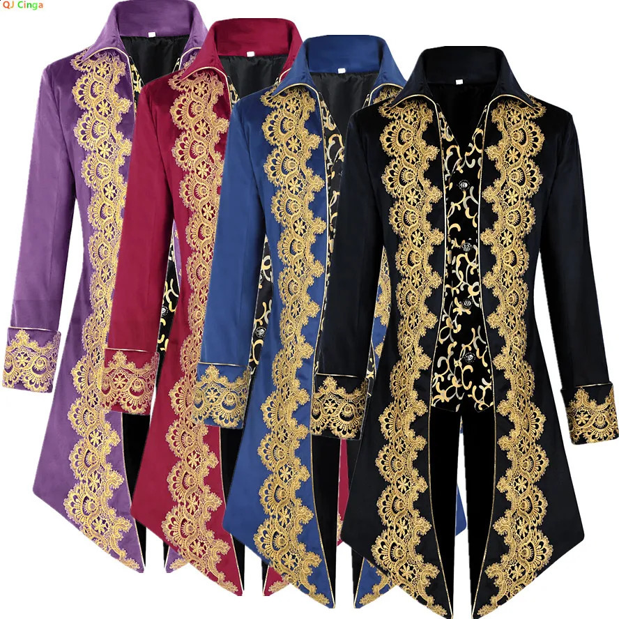 Halloween Lace Patchwork Tuxedo Medieval Mens Retro Long Jacket Punk Trench Coat Black Red Purple and Blue Are Available 250814