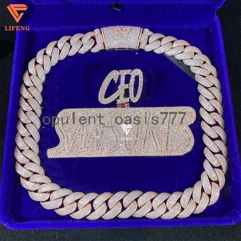 Rose Gold 925 Sterling Silver Custom Cuban Link Chain 20mm Vvs Moissanite Diamond Ice Necklace Men Hip Hop Fine Chains Necklaces