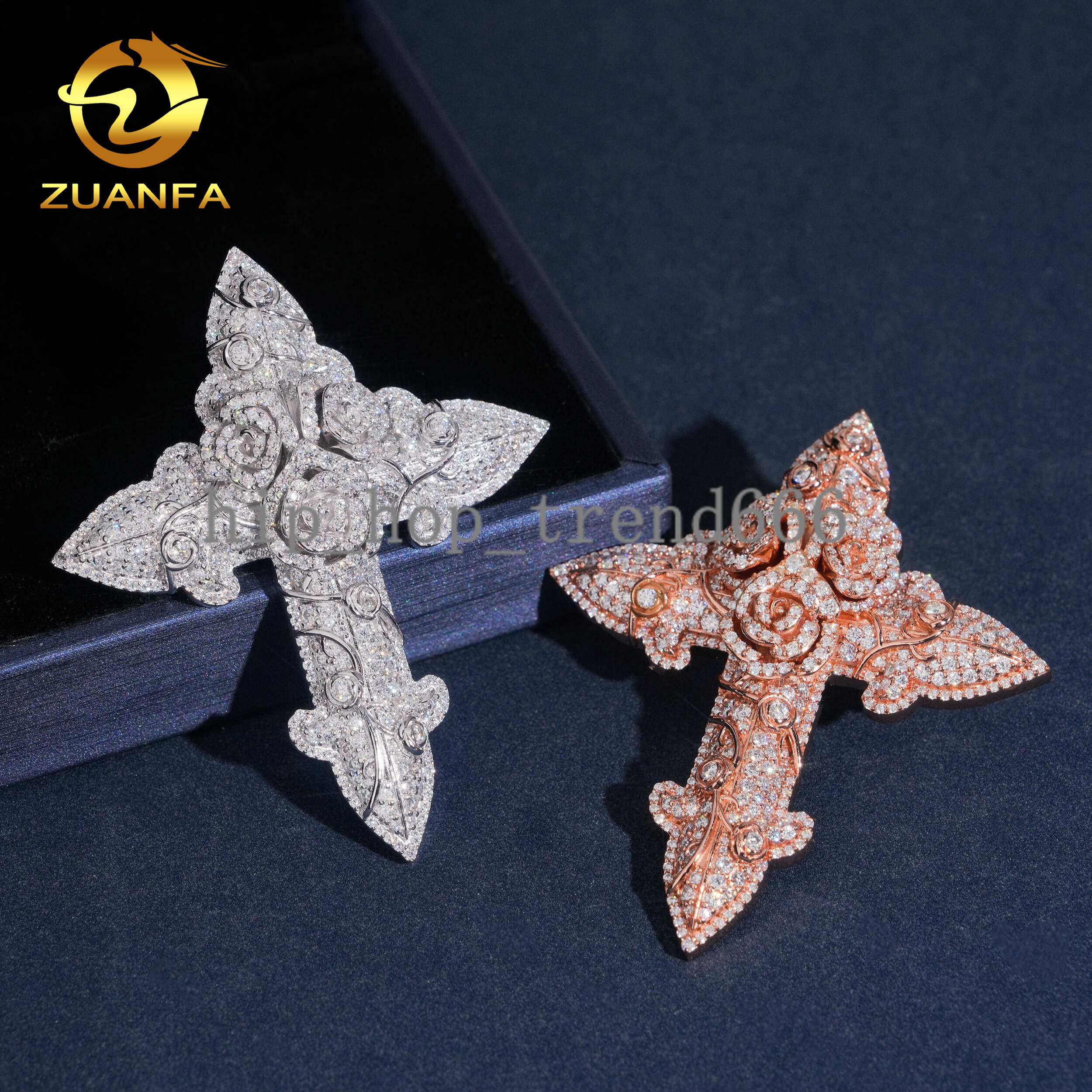 Luxury Rose Fine Hip Hop Moissanite Cross Charms Diamond Jewelry Iced Out 925 Silver VVS Moissanite Cross Pendant