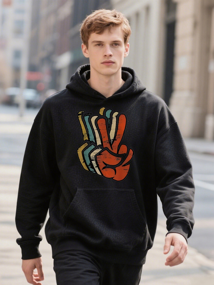 Men s Knit Vibrant Peace Sign Hand Gesture Print hine Hoodie Washable Fashion op for
