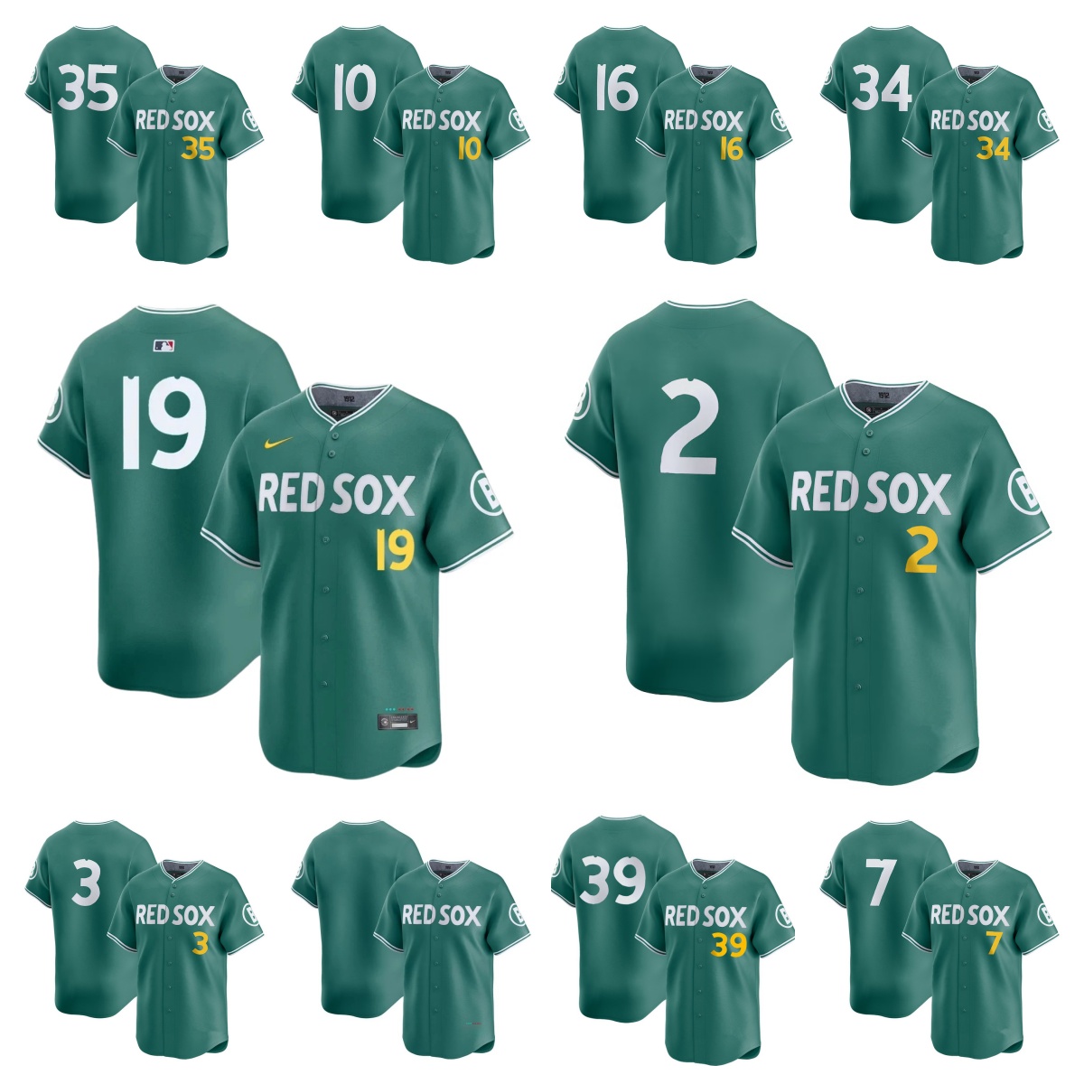 Boston''Red''Sox''Green 2 Alex Bregman 16 Jarren Duran 11 Rafael Devers 34 David Ortiz 35 Garrett Crochet 36 Triston Casas 19 Roman Anthony 2025 City Connect Player Jersey
