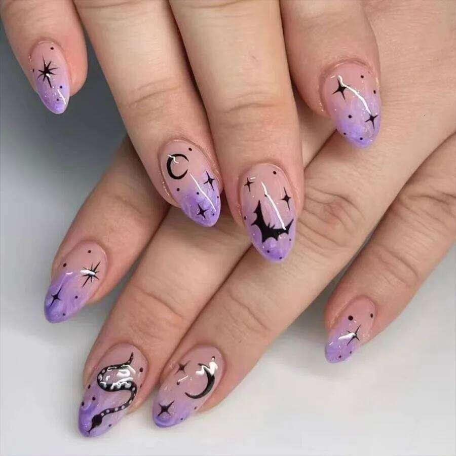 24Pcs/set Al Halloween Press on Black Bat Fake Nail Moon and Stars Pattern Removable Wearable Nails for Women&Girl X250816