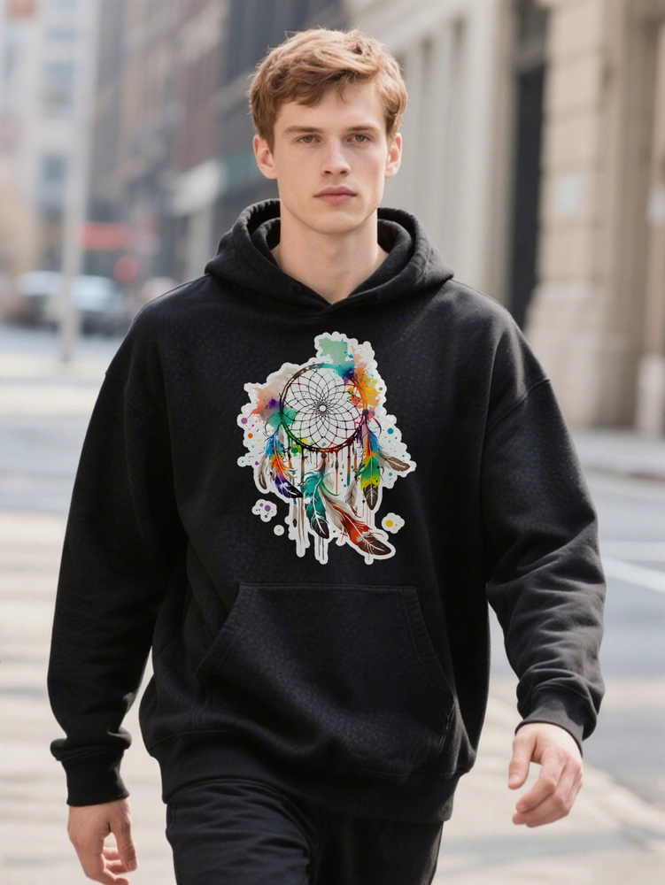 Men S Versatile Hoodie With Dreamcatcher Frame Print Pattern Colorful Feather And Flower Design Soft Fabric Wear