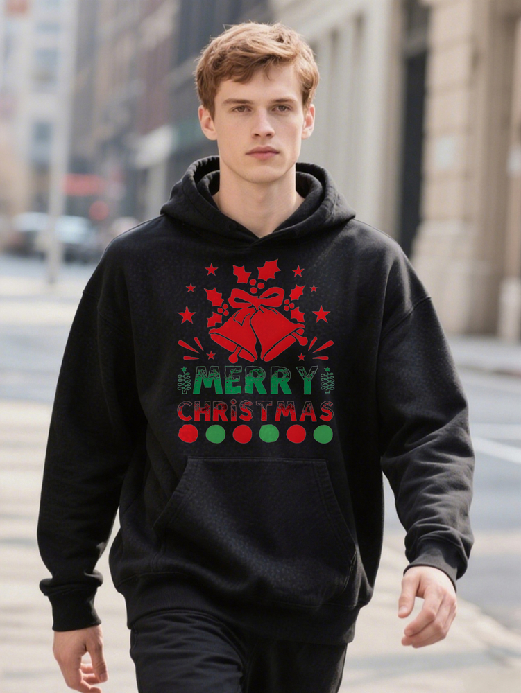 Men s Merry Christmas Red Bow Graphic Casual Crew Knit Fabric with Slight Stretch Hoodie Regular Fit