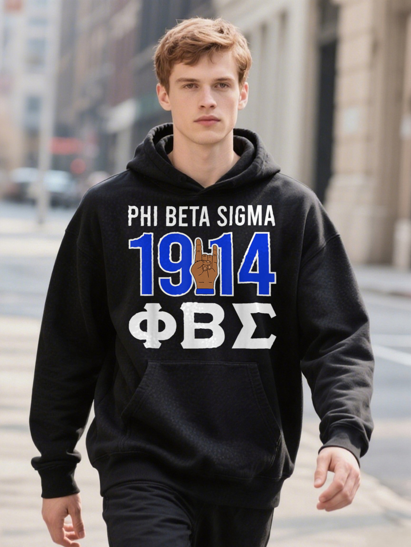 Phi Beta Sigma Black With Hoodie Bold Blue Greek Letter Design Year Print Hand Gesture Detail Soft
