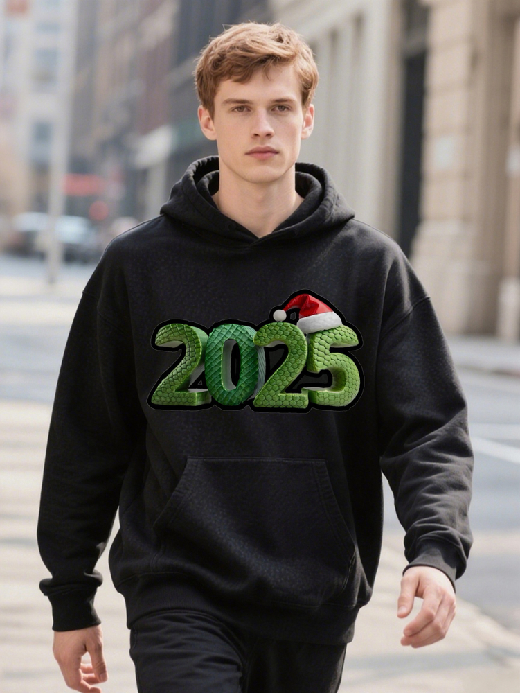Men's Casual New Year Funny Fashion Hoodie Black with Letter Print Knit