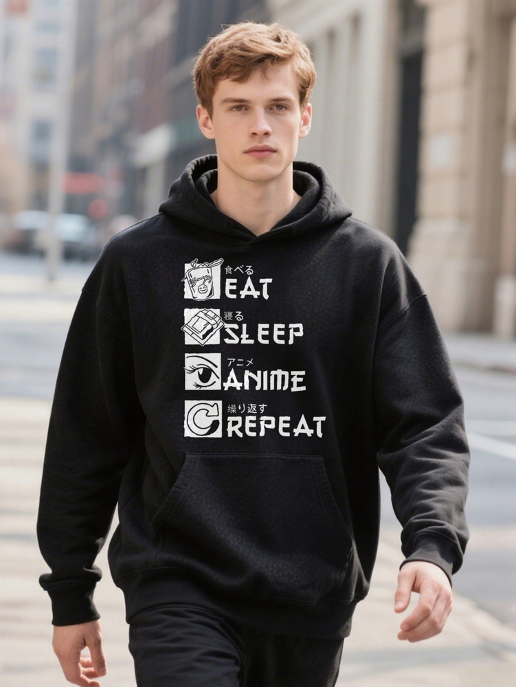 EA SLEEP ANIME REPEA Print Men's Casual Crew Hoodie Outdoor